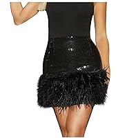 Women's Sequin Skirt Sparkle Feather Fringe Hem Stretchy Bodycon Mini Skirts Night Out Party Clubwear Skirts