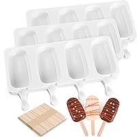 Sakolla 3 Pack Large Popsicle Molds 4 Cavities Cake Pop Silicone Molds Oval Ice Cream Cakesicle Molds for Chocolate Baking with 100 Wooden Sticks