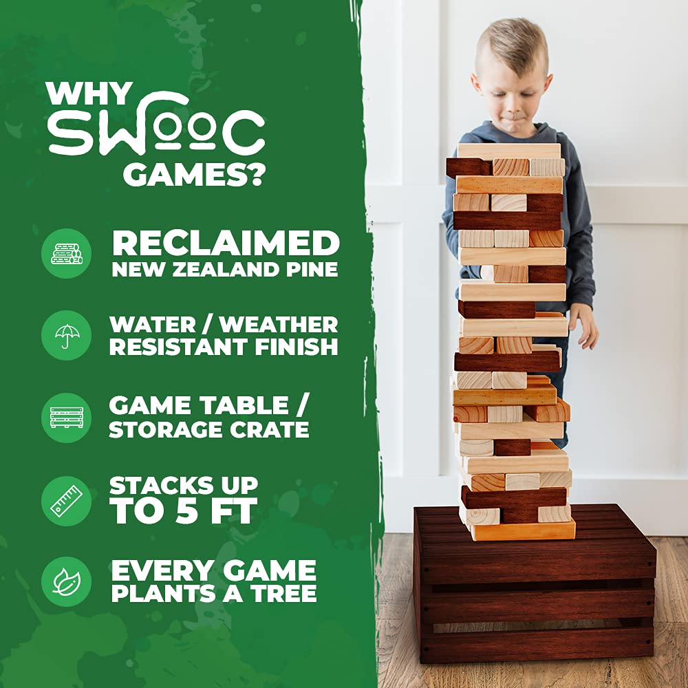 SWOOC Games - Reclaimed Giant Tower Game | 60 Large Blocks | Storage Crate/Outdoor Game Table | Starts Over 2.5ft Big | Max Height of 5ft | Genuine Jumbo Toppling Yard Games | Jumbo Backyard Set