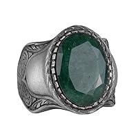 Handcrafted Real Natural Emerald Gemstone Ring, 925K Solid Sterling Silver Men's Ring
