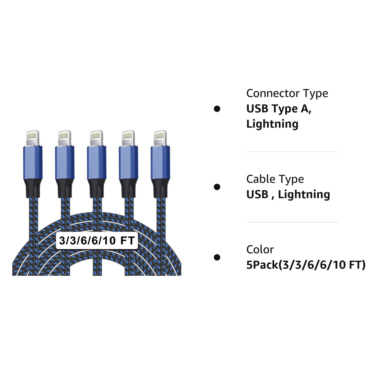 [Apple MFi Certified] iPhone Charger 5Pack(3/3/6/6/10 FT)Long Lightning Cable Fast Charging High Speed Data Sync USB Cable Compatible iPhone 14/13/12/11 Pro Max/XS MAX/XR/XS/X/8/7/Plus/6S iPad AirPods