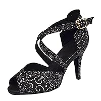 TDA Women's Cross Strap Peep Toe Mesh Print Synthetic Salsa Tango Ballroom Latin Dance Shoes