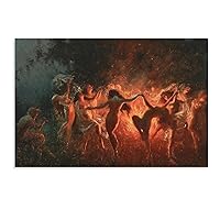 Nude Nymphs Dancing to Pans Flute Around The Fire by Joseph Tomanek, Witches Magic Canvas, Home Living Room Bedroom Decoration Gift Canvas Painting Printing Art Poster Unframe-style 24x16inch(6