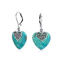 Boho Bali Style Scroll Filigree Pink Rhodochrosite Blue Turquoise Gemstone Heart Shaped Dangling Earrings For Women Oxidized .925 Sterling Silver