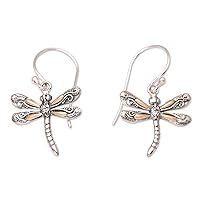 NOVICA Handmade Gold Accented .925 Sterling Silver Dangle Earrings Dragonfly from Bali No Stone Indonesia Animal Themed [1.1 in L x 0.6 in W x 0 in D] 'Shimmering Wings'