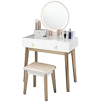 Nightcore Vanity Set, Makeup Vanity w/Round Lighted Mirror, Vanity Desk w/Cushioned Stool, 4 Drawers Modern Home Dressing Table for Girls & Women, White