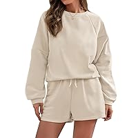 Women's Long Sleeve Lounge Set Top and Shorts Matching Sweatsuit Sets 2 Piece Loungewear Pajama Outfits with Pockets