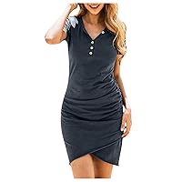 Casual Notch V Neck Button Down Short Sleeve Ruched Bodycon T Shirt Dress for Women Summer Slim Fit Short Mini Dresses