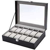 Watch Box 12 Slots Wooden Watches Display Lockable Storage Box With Glass Lid PU Leather Black Watch Organizer Collection (Size : 30x20x8cm)