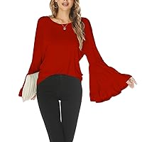 Hount Women Casual Long Bell Sleeve Tops Loose Round Neck T Shirt Flare Sleeve Shirt Tops