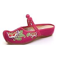 Women's Chinese Embroidery Flower Flats Ballet Shoes Sandals Rose Red