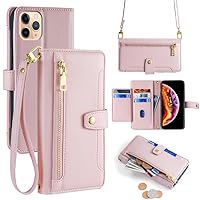 Wallet Case for Google Pixel 6A Flip Phone Case with Adjustable Crossbody Strap Magnetic Handbag Zipper Pocket Cases PU Leather Shockproof Cover with Kickstand Phone Shell Pink