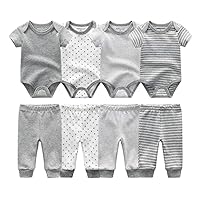 Kiddiezoom Baby Boys Girls' 4-Piece Short-Sleeve Bodysuits 4-Pack Pants Set (A Free White Bodysuits)