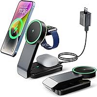 3 in 1 Magnetic Wireless Travel Foldable Charger Stand Dock with Light for Apple Products, Portable Mag-Safe Charging Station, Compatible with iPhone 15/14/13/12 Series,Apple Watch,Airpods