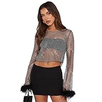 Sparkle Rhinestone Tops for Women Feather Top Glitter Mesh Sequin Top Sparkly Outfits for Women