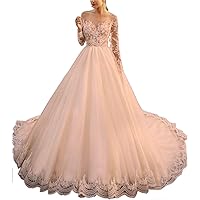 VeraQueen Women's Sheer Neck Long Sleeves Vintage Boho Wedding Dress Lace Applique Bridal Gowns with Sweep Train