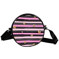 Golden Hearts And Pink Stripes Pattern Circle Shoulder Bags Cell Phone Pouch Crossbody Purse Round Wallet Clutch Bag For Women With Adjustable Strap