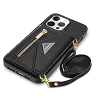 SZHAIYU Zipper Wallet Purse Compatible with iPhone 15 Pro Crossbody Case with Strap Women Credit Card Holder Lanyard 6.1'' Kickstand Flip Leather (Black, IP 15 Pro)