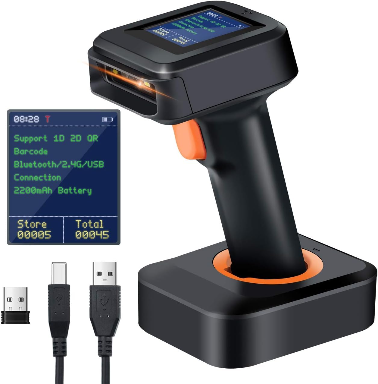 Tera Pro 1D 2D QR Wireless Barcode Scanner with Display Screen Battery Level Indicator Time Display Works with Bluetooth with Charging Cradle Base for Warehouse Supermarket Library HW0006 Pro