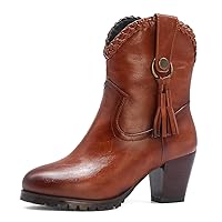 Womens Soft PU Leather Round Toe Pull-on boots Ankle Boot Chunky Block Heel Winter Boots