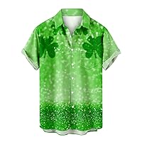 Mens Hawaii Shirt St. Patrick's Day Short Sleeve Casual Shamrock Printed Lapel Button Down Blouse Pocket Tops