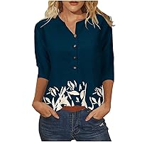 Woemens 3/4 Sleeve Butterfly Print Button Pullover T-Shirts Summer Dressy Casual Loose Fit Fashion Crewneck Tops