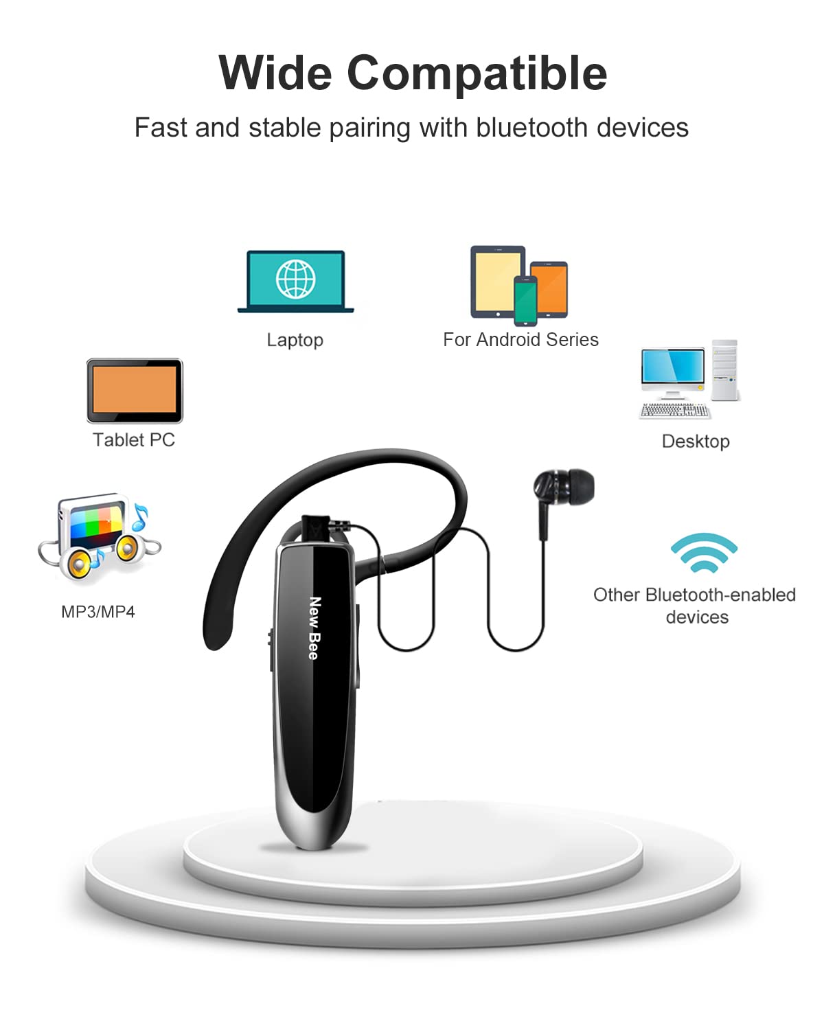 New bee [2 Pack] Bluetooth Earpiece Wireless Handsfree Headset V5.0 24 Hrs Driving Headset with Mic 60 Days Standby Time Headset Case for iPhone Android Samsung Laptop Truck Driver