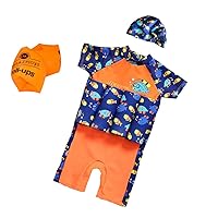 Floating Swimsuits for Kids Toddlers, Orange and Blue Color with Swimming Cap and Inflatable Arm Ring