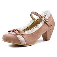 Women Mary Janes Cute Lolita Shoes Ladies Ankle Strap Bow Lace Round Toe Block Mid Heel Dress Pumps