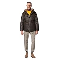 Andrew Marc Men's Short Fabric Blocked Parka with a Sherpa Lined Harrigan Hooded Cuff Tab with Adjustable Snap
