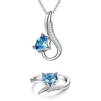 AOBOCO Sterling Silver Fox necklace/ring for Women, Simulated Aquamarine Crystal from Austria, Animal Anniversary Birthday Fox Jewelry Gifts for Foxes Lovers
