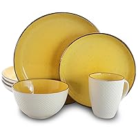 Elama Round Stoneware Luxurious Mellow Dinnerware Dish Set, 16 Piece, Bright Yellow and White