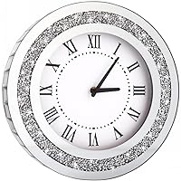 DMDFIRST Silver Round Mirror ,12inch Crystal Sparkle Twinkle Bling Crush Diamond Mirrored Wall Clock for Wall Decoration Silver Glass Mirror Home Decor. AA Battery is not Included.