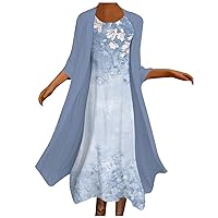 Women's Floral Dress Set Chiffon Cardigan Midi Dresses 2 Piece Outfits Elegant Flowy Cocktail Matching Dress Suit