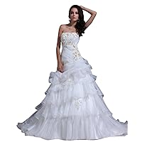 White Strapless Organza Layered Skirt Wedding Dress With Gold Embroidery