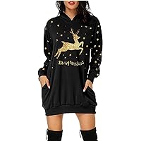 Women's Fall Dresses 2023 Fashion Christmas Hoodie Bag Hip Pocket Print Hoodie Dress, S-3XL