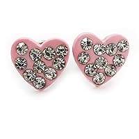 Tiny Light Pink Crystal Enamel 'Heart' Stud Earrings In Silver Plated Metal - 10mm Diameter