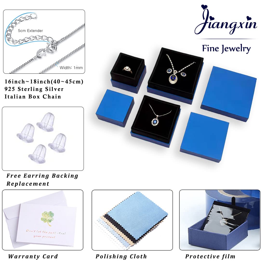 JIANGXIN Teardrop Birthstone 925 Sterling Silver Rhodium Plated Gemstone Jewelry Set for Women Stud Earring Pendant Necklace 16~18inch Italian Box chain