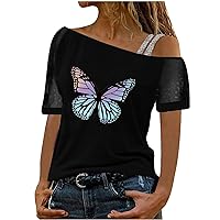 Women One Shoulder Dandelion Butterfly Tops Summer Beaded Mesh Puff Short Sleeve Casual Loose Fit Dressy T-shirs