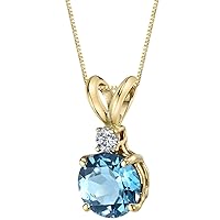 PEORA Swiss Blue Topaz with Genuine Diamond Pendant in 14K Yellow Gold, Elegant Solitaire, Round Shape, 6.50mm, 1.30 Carats total