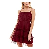Speechless Womens Zippered Glitter Ruffled Tiered Tulle Built in Br Spaghetti Strap Square Neck Short Party Fit + Flare Dress