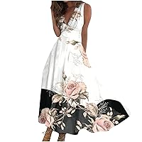 Summer Dresses for Women 2024 Swing A Line Floral Fashion Outdoor Dress Sleeveless V Neck Long Maxi Dress