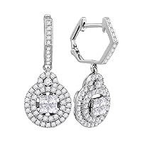 14kt White Gold Womens Princess Diamond Double Circle Frame Dangle Earrings 1.00 Cttw
