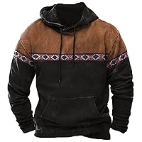 Aztec Ethnic Hoodies Mens Lightweight Casual Western Hooded Sweatshirts Long Sleeve Drawstring Color Block Pullover