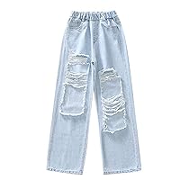 FEESHOW Kids Girls Loose Fit Ripped Jeans Elastic Waistband Wide Leg Distressed Denim Pants Pockets for Daily Wear