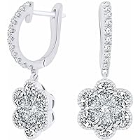 Round Cut Cubic Zirconia 14k White Gold Plated 925 Sterling Silver Flower Drop & Dangle Earrings For Womens.