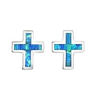 925 Sterling Silver Holy Cross Studs Earrings, Blue White Opal, Nickel Free Hypoallergenic for Sensitive Skin, God Jesus Lord Hope, Gift Box Included