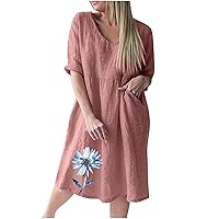 Linen Dress for Women 2023 Summer Knee Length Dresses Short Sleeve Crewneck Pocket Tshirt Dress Loose Fit Sundress
