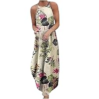 Women's Bohemian Beach Flowy Sleeveless Long Swing Round Neck Trendy Glamorous Dress Print Casual Loose-Fitting Summer