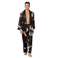 Haseil Men's Satin Robe with Pants Lightweight Printed Luxurious Spa Dragon Silk Bathrobe Kimono Set